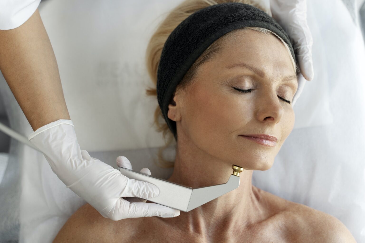 Closeup portrait of female face with closed eyes getting microdermabrasion procedure